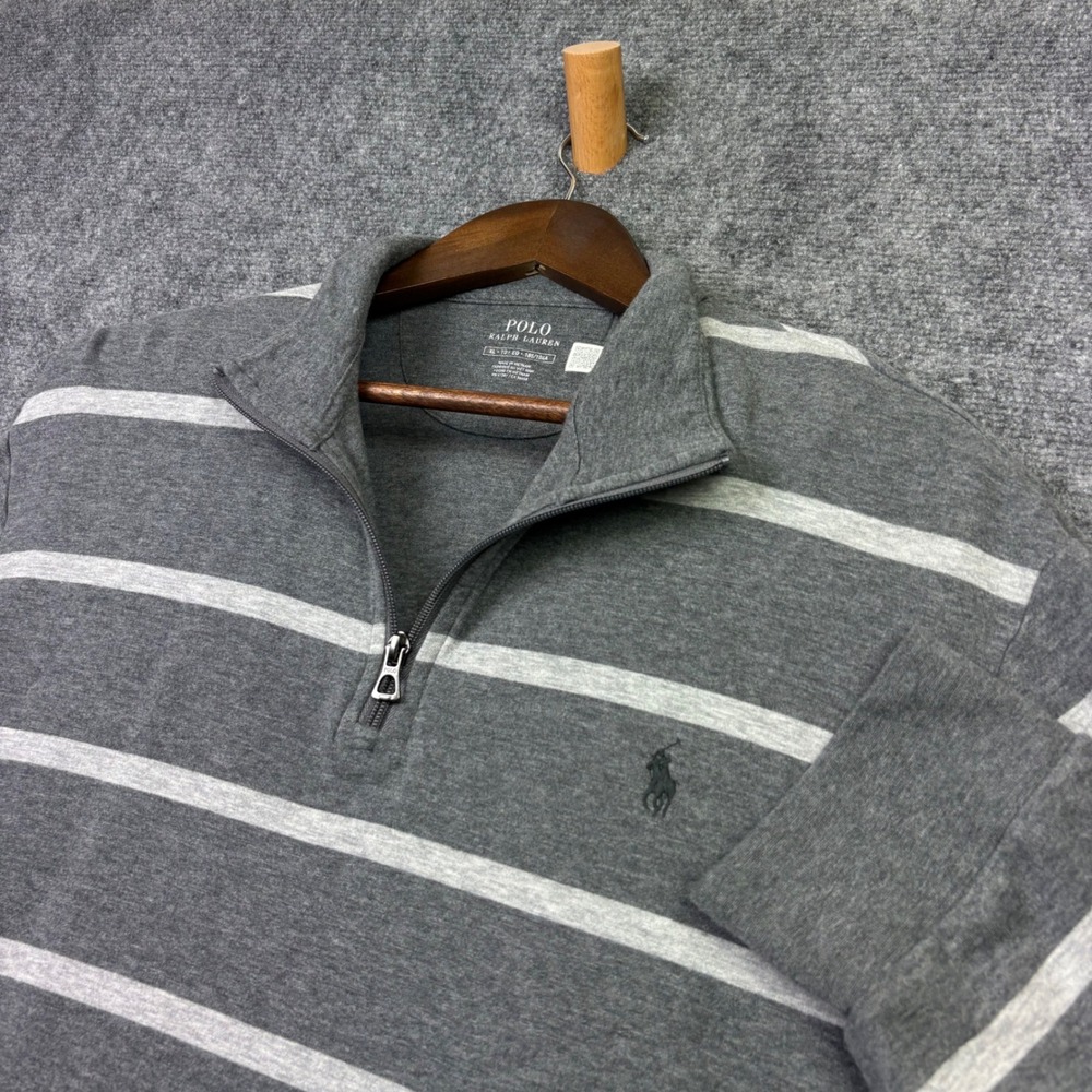 Polo Ralph Lauren Quarter Zip Mens XL Gray Striped Cotton Modal Pullover Sweater